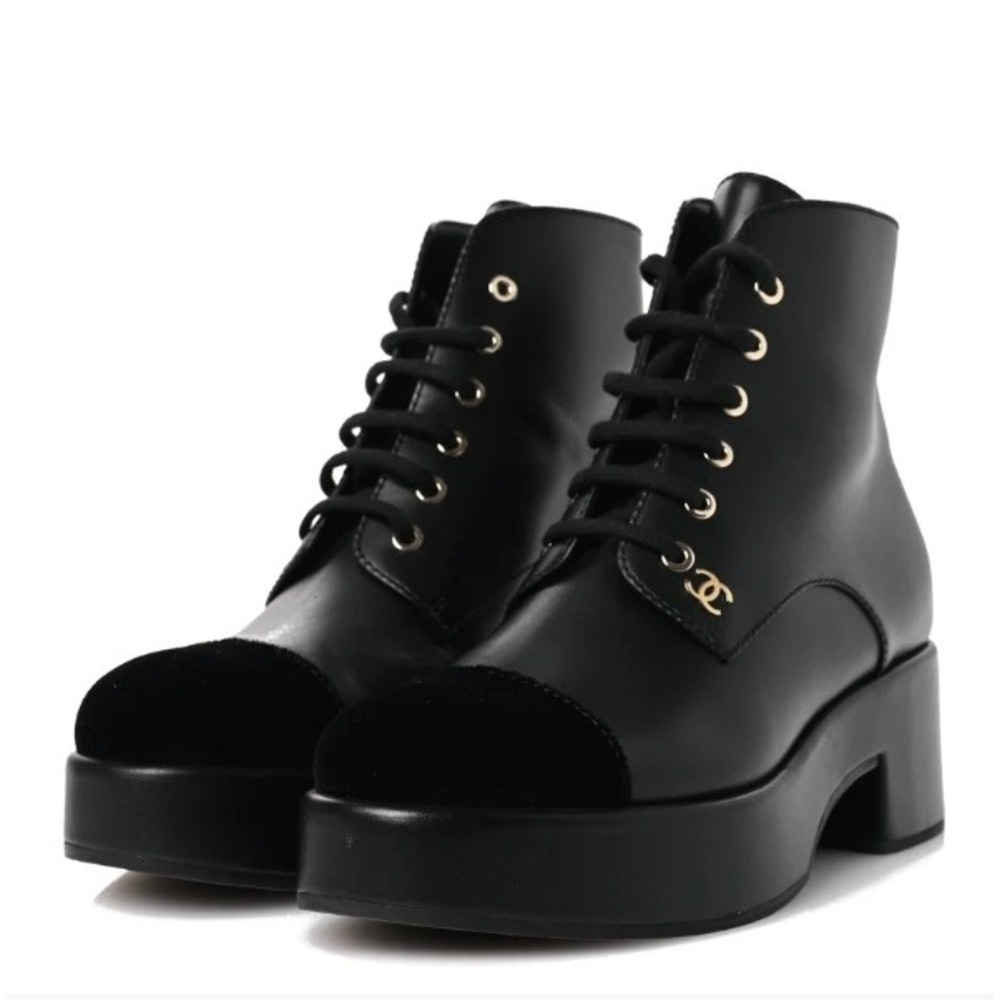 Chanel 2022 Black Calfskin Velvet CC Cap Toe Platform Boots 38.5